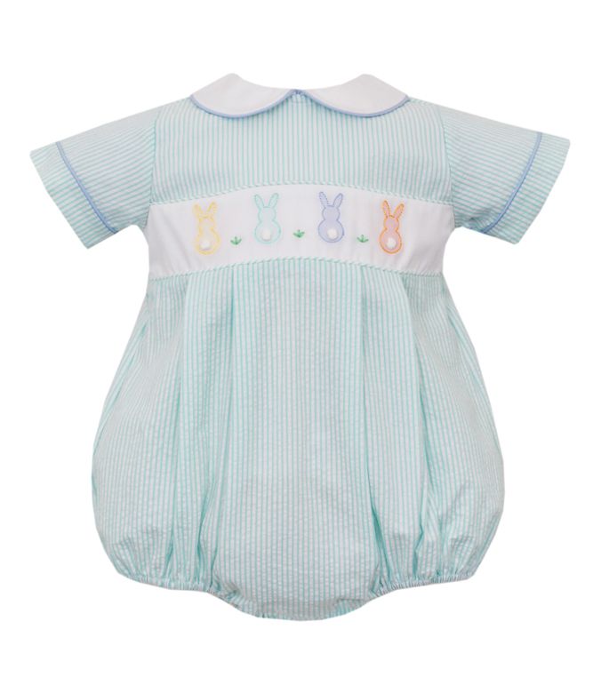 Petit Bebe Knits Baby Boys Aqua Check Smocked Cottontail Bunny Bubble