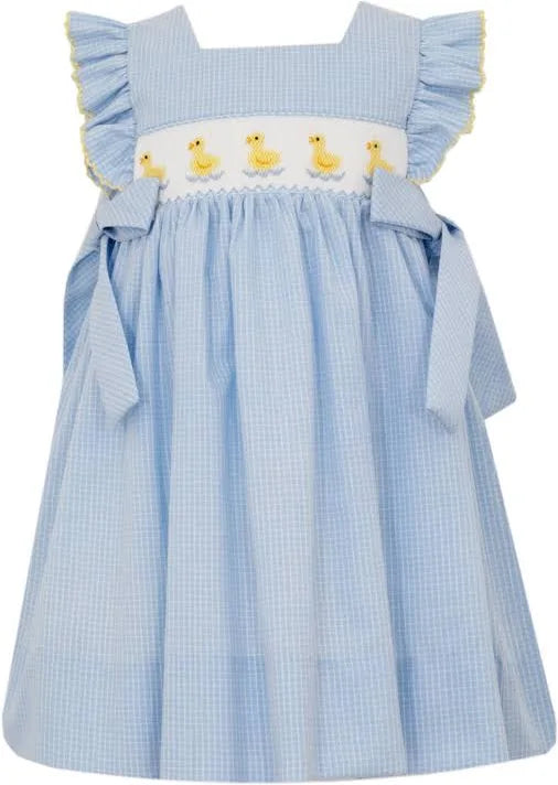 Blue Check Dress w/Side Bows-Ducks